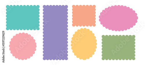 Set of frames with zigzag edge, scallop edge shape. Isolated elements for design of text box, badge, banner. Geometric shapes with scallop and zigzag edges set.            