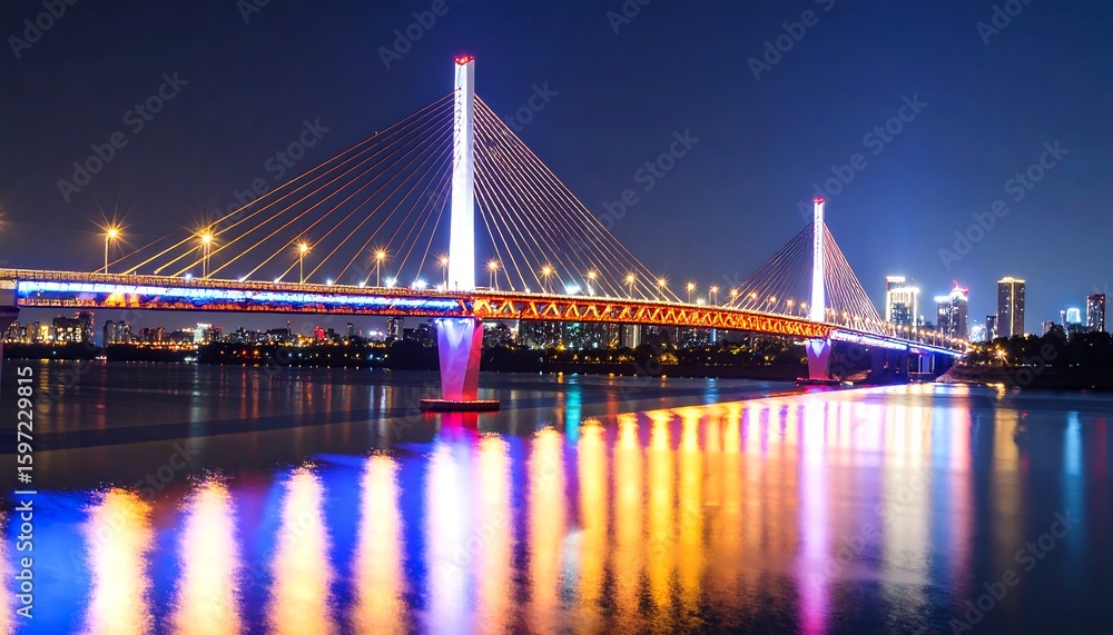 Obraz premium Illuminated bridge at night over water (1)