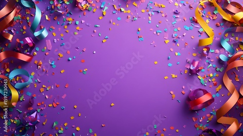 Colorful confetti falling on purple background. Confetti image