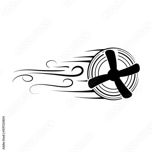 Black and White Propeller with Wind Illustration, Circular Design