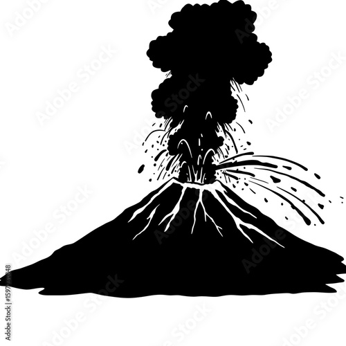 Black and White Erupting Volcano Illustration with Smoke and Lava Ejection