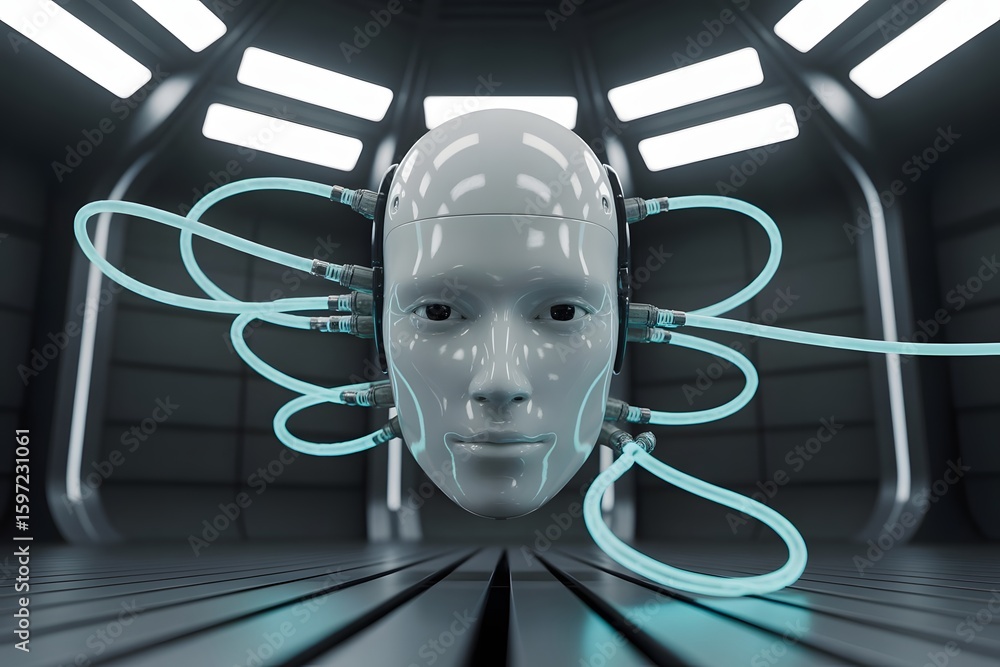 custom made wallpaper toronto digitalFuturistic humanoid robot head connected by glowing blue wires in a sterile laboratory setting
