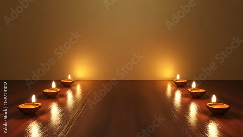 Wallpaper Mural Warm glowing oil lamps arranged in a symmetrical path on a polished wooden surface creating a serene atmosphere Torontodigital.ca