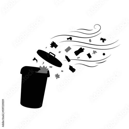 Black Silhouette Trash Can with Open Lid and Debris Blowing Away