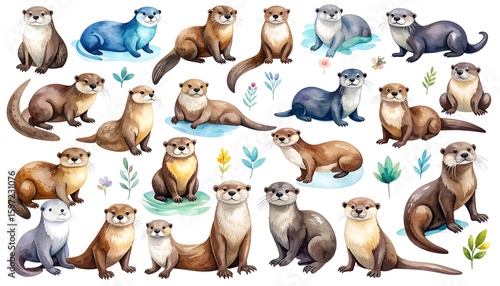 Watercolor otters in various poses