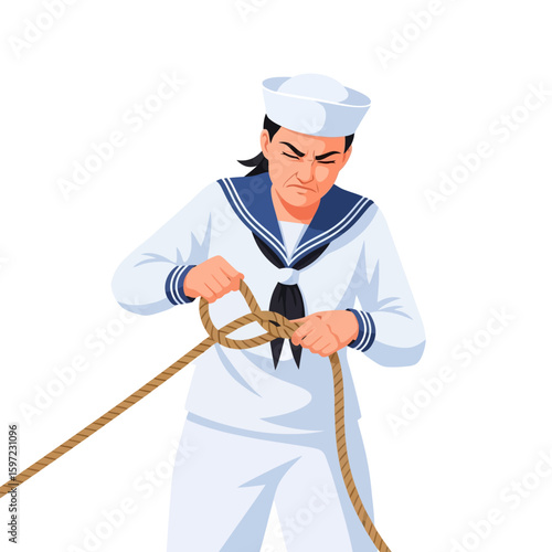 Person in Sailor Uniform Tying Rope Knot with Focused Expression