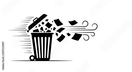 Black Trash Can with Lid, Papers, and Wind Illustration