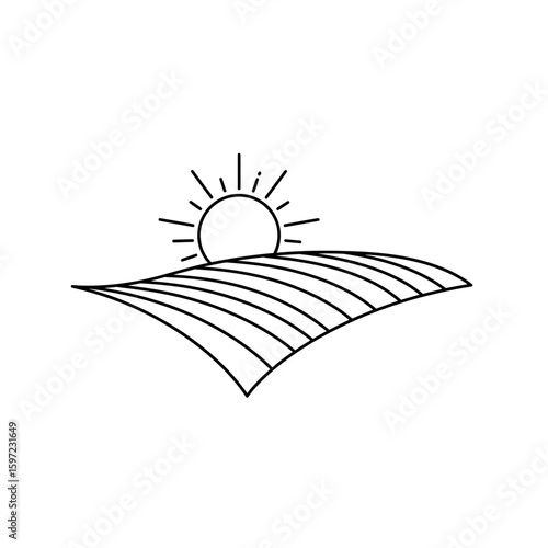 Simple Black and White Illustration of a Sun Rising Over Fields