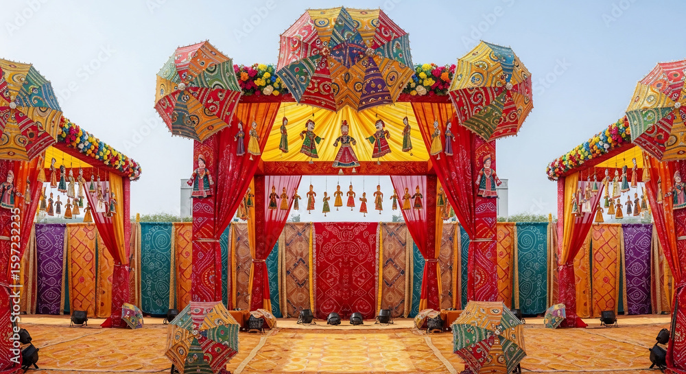 Obraz premium Vibrant Indian Festival Entrance: Traditional Decor with Colorful Umbrellas and Fabrics