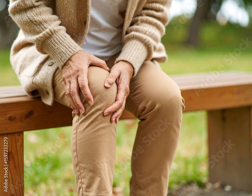 膝の痛みに耐える中年女性：屋外での体の不調