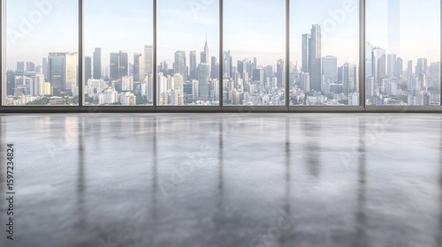 Empty office space with city view through large windows, modern architecture