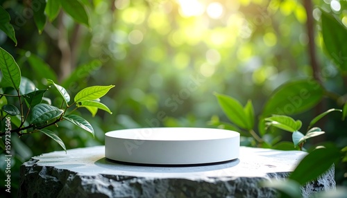 White podium in lush green foliage