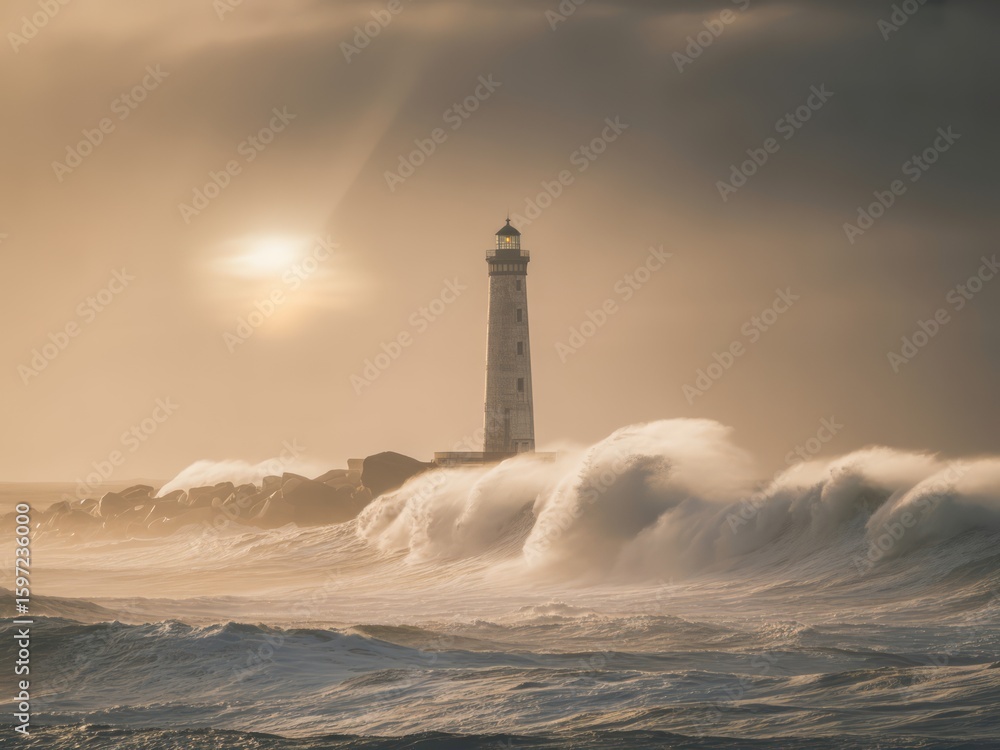 Fototapeta premium Tall lighthouse against stormy sea and sun ocean waves