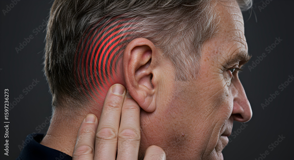 Fototapeta premium Mature Man Holds Ear with Red Color Pain Effect Against Dark Grey Background