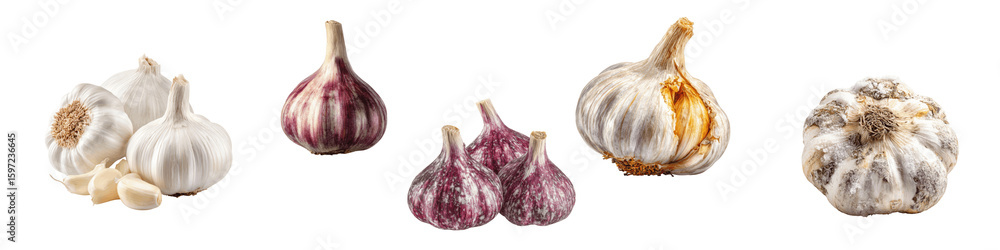 Fototapeta premium Various Types of Fresh Garlic Showcasing Different Textures and Colors