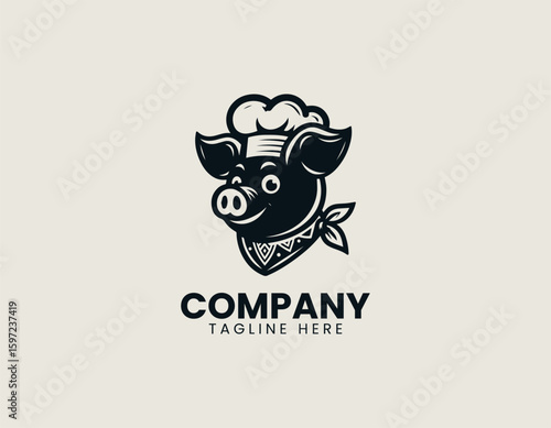 Friendly Piggy Cook Hat Culinary Food Service Emblem Vector Logo