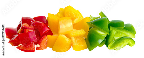 Fotografie Green yellow red chopped sweet bell pepper isolated