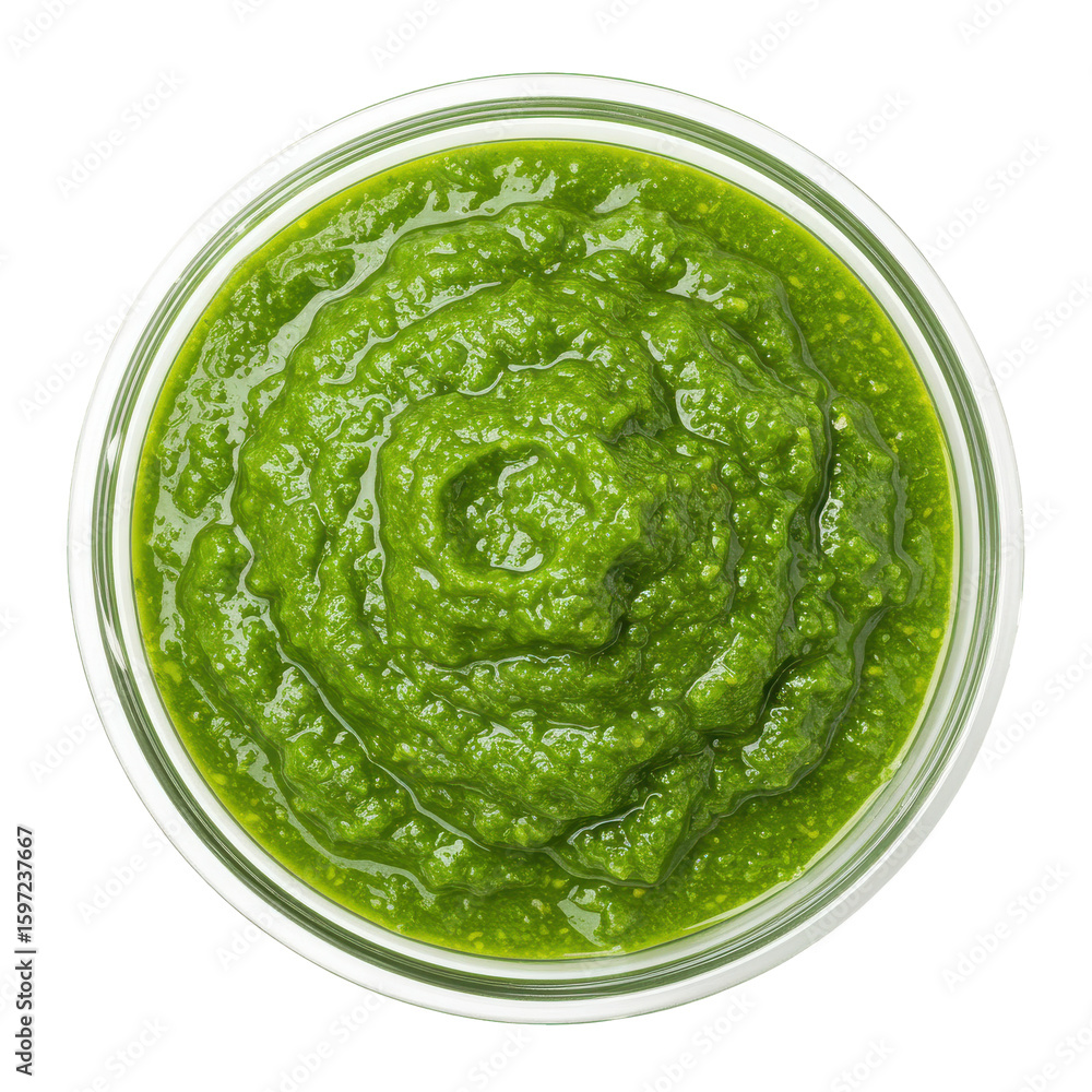 Obraz premium Freshly made green pesto sauce in a glass jar, showcasing its vibrant color and texture