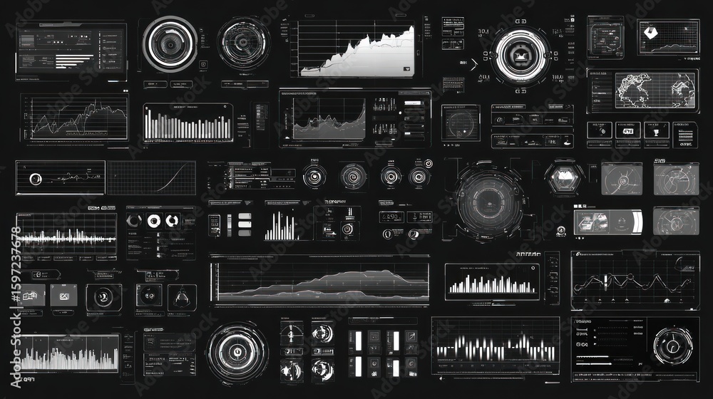 Fototapeta premium Digital Interface of Data: A sophisticated user interface, presented in a monochrome palette, filled with intricate diagrams and flowing data streams. It's a visual symphony of information.
