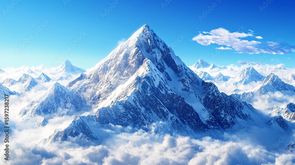 Obraz premium Snowy Mountain Peaks Rising Above the Clouds Against a Clear Blue Sky