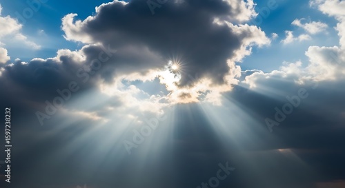 Dramatic Sun Rays Breaking Through Dark Clouds, Hopeful Sky, Inspirational Nature Background
