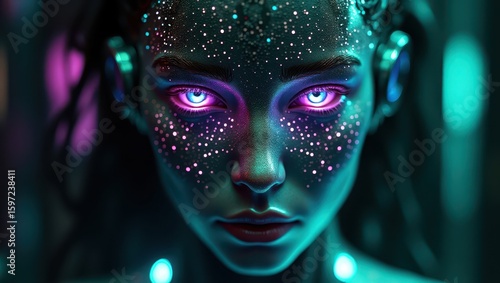 Close-up of a digital AI face with neon green and purple light accents, demonstrating the advanced neural networks and processing power in a cybernetic environment	