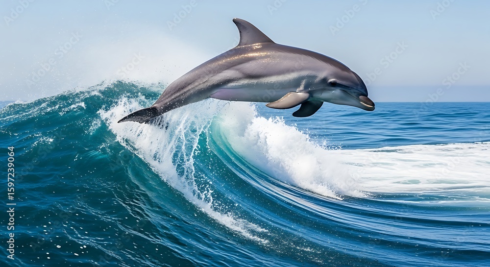 Fototapeta premium Dolphin leaping over ocean wave; vibrant, dynamic, joyful marine wildlife image.