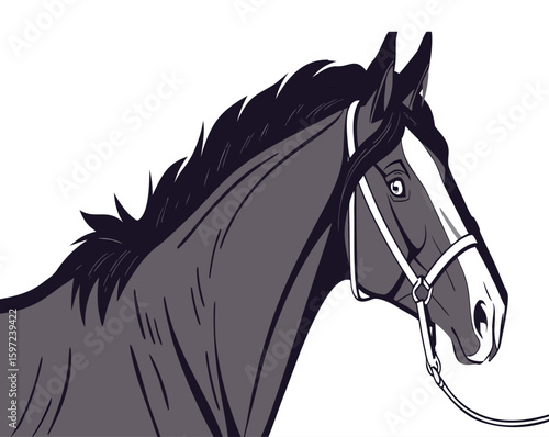 Elegant dark horse head portrait with bridle, featuring a white blaze on its face and a flowing mane, depicted in a clean, modern graphic style suitable for equestrian branding and design elements.