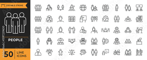 People icon set. Containing human, group, family, team, community, friends, population, senior, and more. Editable stroke. Vector illustration.