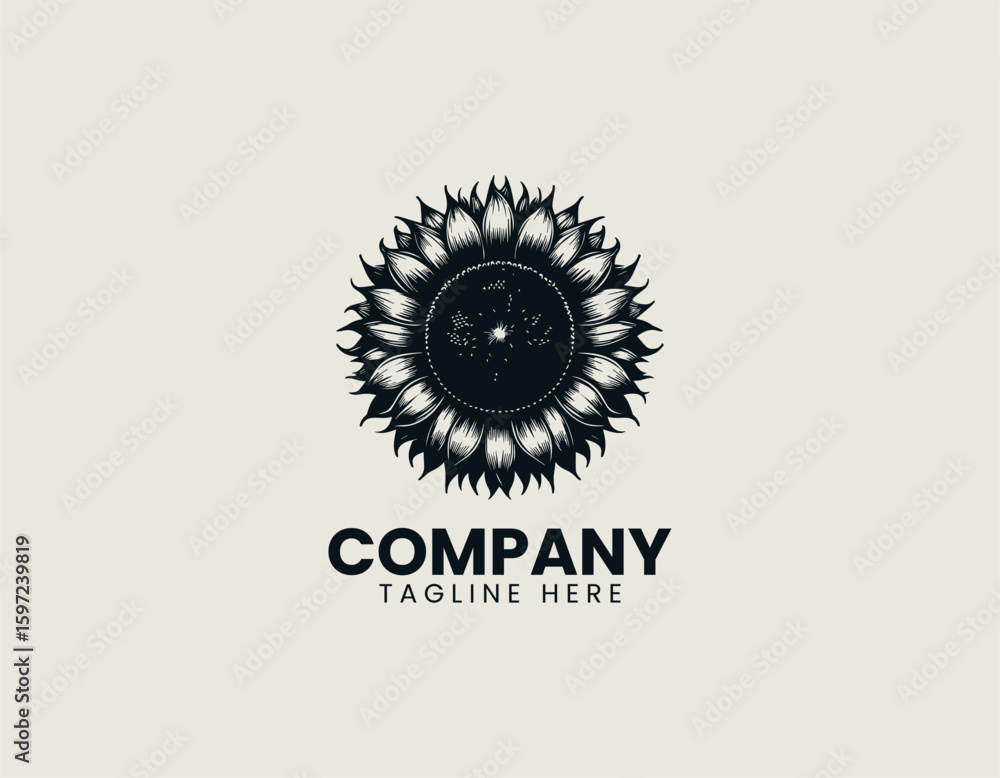 Fototapeta premium Detailed Sunflower Blossom Outline Floral Nature Beauty Vector Logo Design