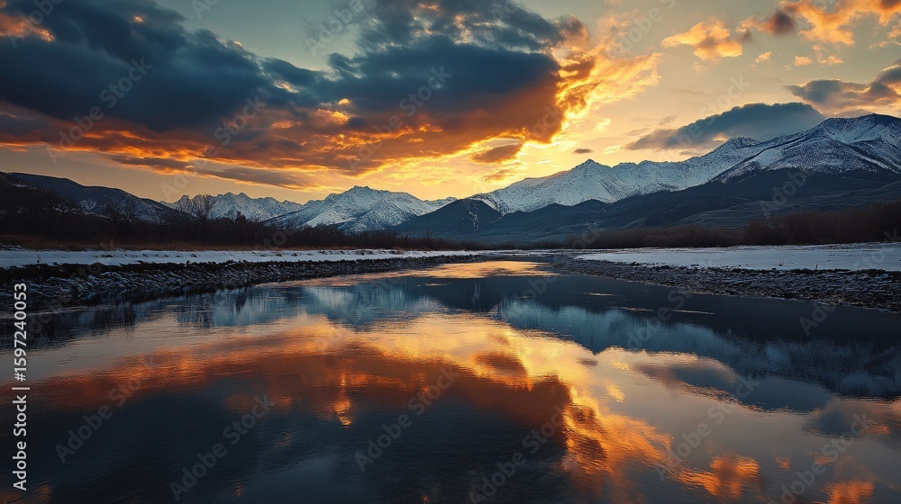 Fototapeta premium Mountain Range Reflected in Calm River at Sunset with Dramatic Clouds