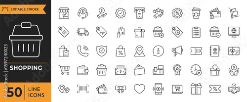 Shopping icon set. Containing Shop, store, cart, market, buyer, purchase, goods and more. Editable stroke. Vector illustration