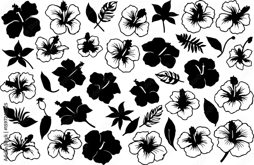 Obraz premium hibiscus, silhouette, flower, vector, tropical, floral, blossom, outline, plant, nature, leaf, bloom, exotic, graphic, art, black, white, design, summer, hawaiian, clipart, icon, decorative, minimal, 