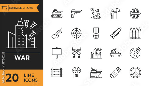 War icon set. Containing Combat, Army, battle, conflict, military, missile, refugees, bomb, tank, and more. Editable stroke. Vector illustration