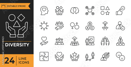 Diversity icon set. Containing equality, culture, languages, tolerance, difference, belonging, human rights, ethnicity, and more. Editable stroke. Vector illustration