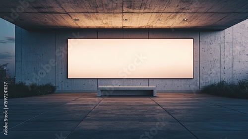 Empty billboard on a concrete wall at dusk.