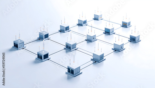 Interconnected Cubes: A Network of Data Nodes on a Clean White Surface