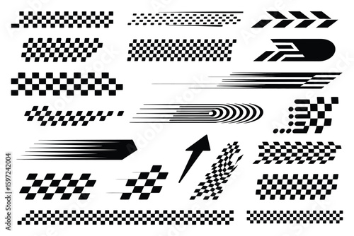 Checkered Flag Designs and Racing Stripe Speed Elements for Finish Line Motorsport Vector