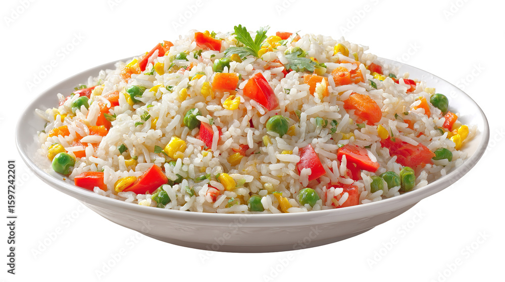 Delicious Plate of Fried Rice with Egg, Chicken and Vegetables Isolated on a Transparent Background Delicious Plate of Fried Rice with Egg, Chicken and Vegetables Isolated on a Transparent Background