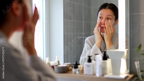 Woman applying face cream in bathroom