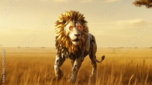 Wallpaper Mural Robotic lion with glowing eyes strides across golden savanna at sunset. Torontodigital.ca