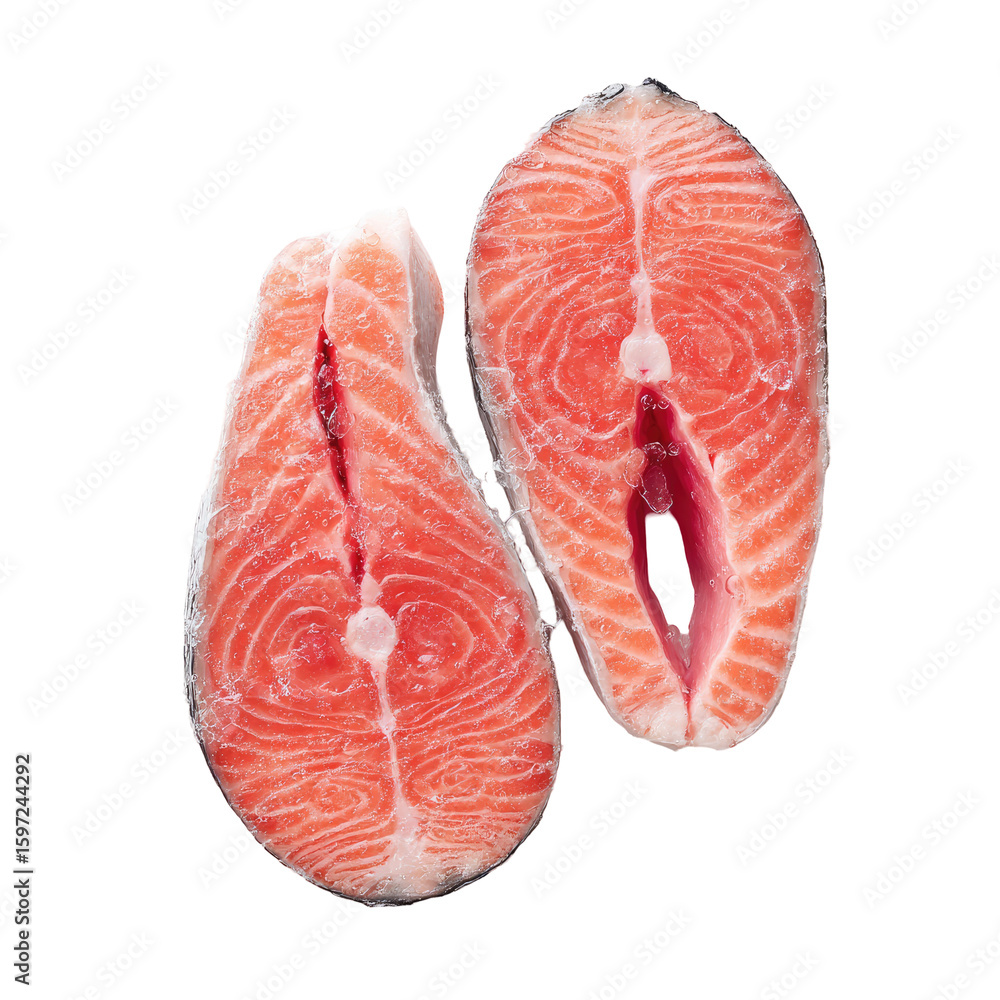 Two raw salmon fillets, cut in half, showcasing the flesh's pink hue and visible muscle structure Two raw salmon fillets, cut in half, showcasing the flesh's pink hue and visible muscle structure