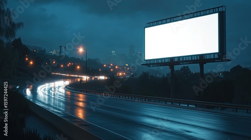 Empty billboard on a wet highway at night.