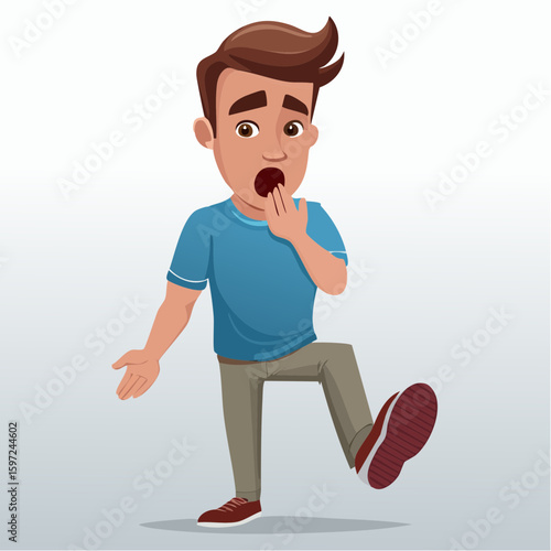 Person awkwardly reacting with raised foot near mouth, visual metaphor for saying something regrettable, in vector idiom style.