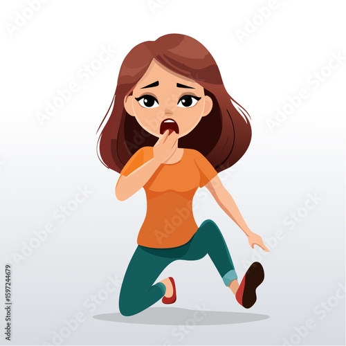 Person awkwardly reacting with raised foot near mouth, visual metaphor for saying something regrettable, in vector idiom style.