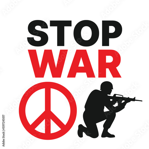 Stop war vector illustration with peace symbol and soldier silhouette delivering antiwar message for activism and protest design