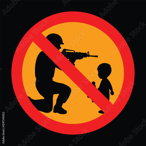 Antiwar vector illustration showing soldier aiming at child with prohibition sign, symbolizing peace, innocence, and anti-violence message