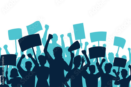 Silhouette crowd of protesters holding signs and banners during a public demonstration or social movement