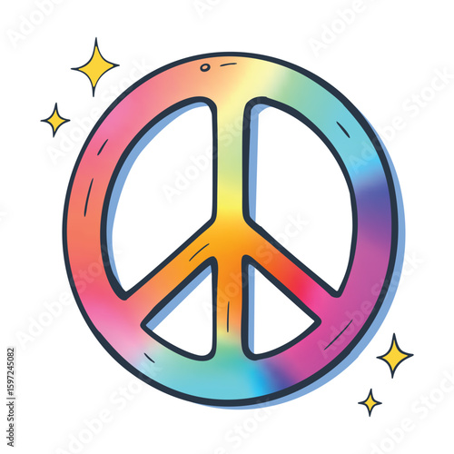 Colorful rainbow peace symbol vector illustration with sparkle accents representing love, harmony, and antiwar message