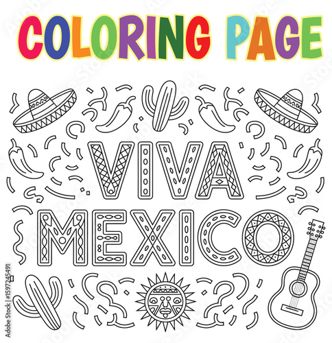 Hand drawn Viva Mexico Coloring book Page – Bold Fiesta Letters with Mexican Elements, dia de la independencia Mexico Celebration Coloring Sheet with Sombrero, Guitar, Chili and Sun Line Art print